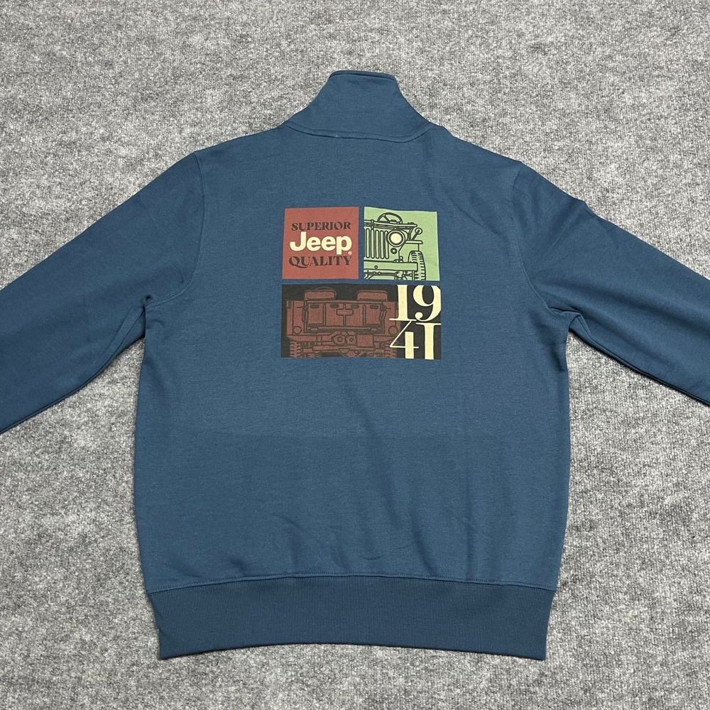 Jeep Sweatshirt Large Mens Blue 1941 Willys MA US Army 1/2 Zip Ribbed Mock Neck